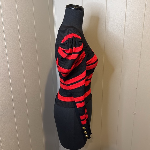 Zara Women’s Small Sweater Cropped Balloon Sleeves Stripes Ribbed Knit Crewneck - Picture 3 of 7